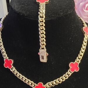 Gold Chain Necklace with Red Clover Accents